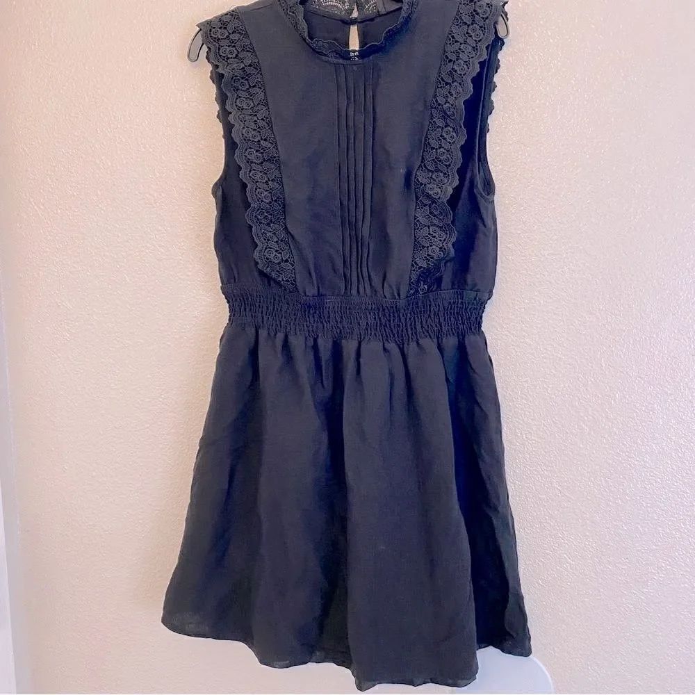 Black Lace trim sleeveless elastic waist whimsy goth festival mock rayon Dress L